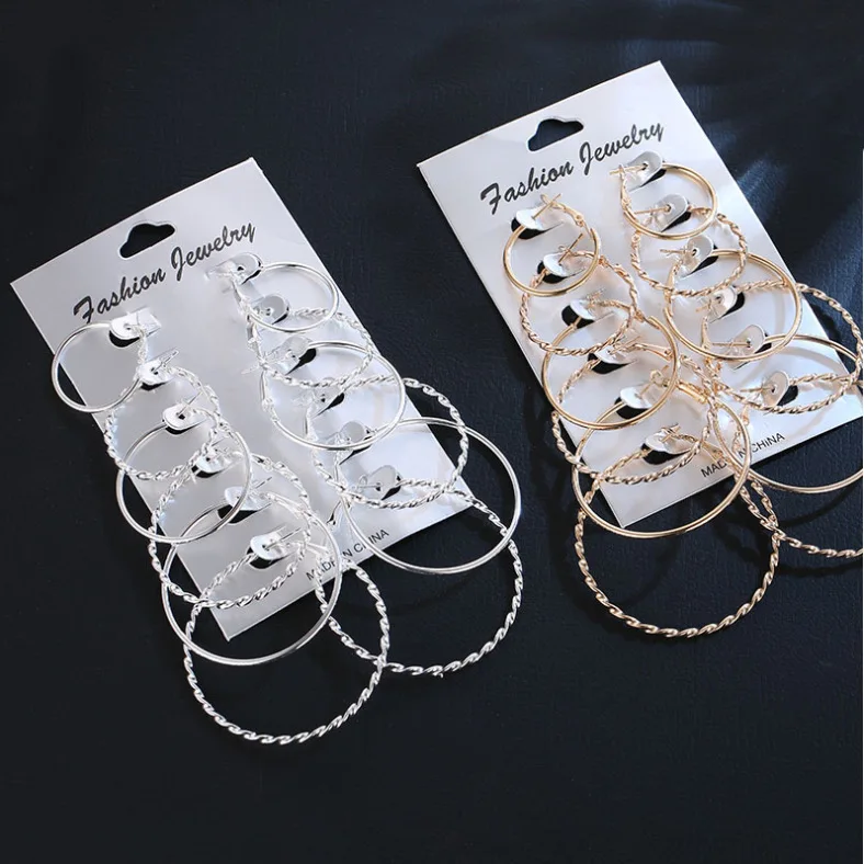 New Fashion Simple Retro Design 12 Pieces/Set Personality Alloy Gold and Silver Exaggerated Metal Large Ring Earrings Set Female