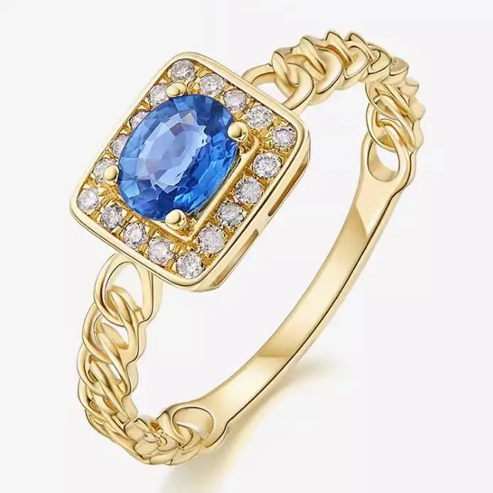 14K gold Sapphire gemstone Ring Personality band  AU585 diamond ring Fashion wedding ring