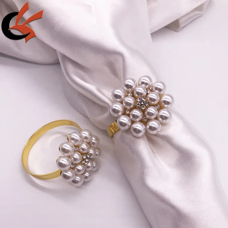 Crystal Metal gold Pearl rhinestone napkin rings for wedding table decoration