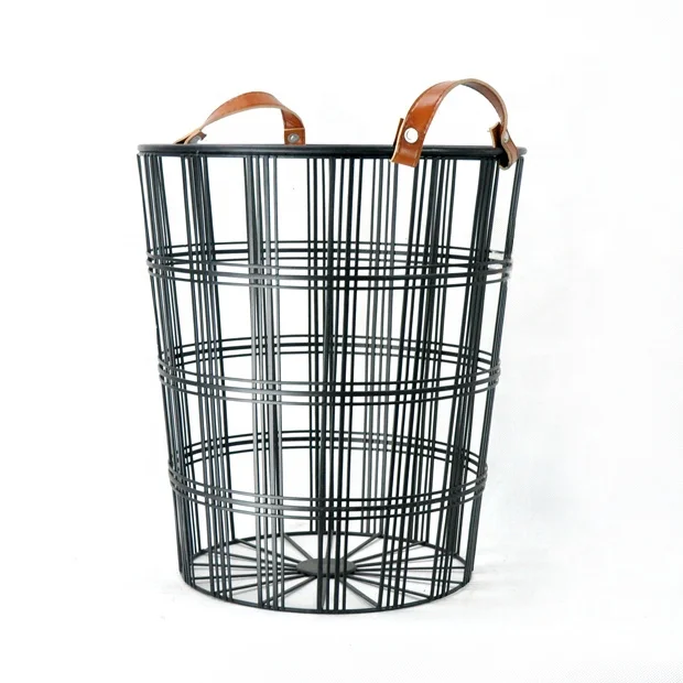 IVYDECO Home Decoration Set 2  Metal Wire Laundry clothes Basket with Leather Hand