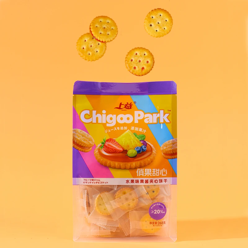 Delicious snack 268g sandwich little black cookies three flavored chocolate and milk fruit filled biscuits