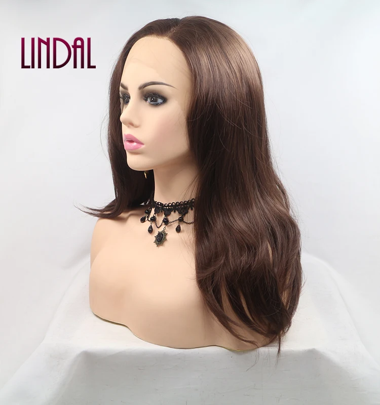 LINDALHAIR Brown Short Wavy Synthetic Lace Front Wigs for Women Soft Bob Fiber Hair Wig