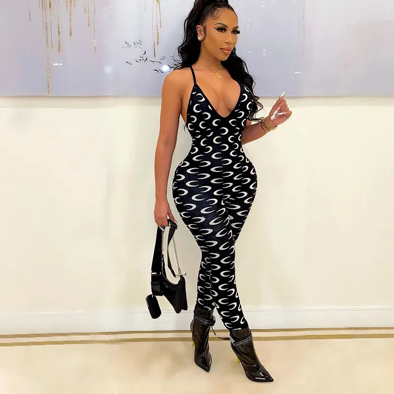 Innovative products sexy deep v-neck  women fashion clothes floral print jumpsuits and rompers low-cut sling jumpsuit