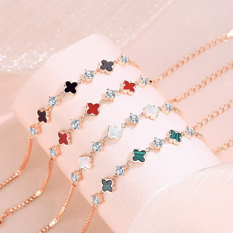 Luxury S925 Silver Jewellery Lucky Four Leaf Clover Bracelet Adjustable Chain Rose Gold Plated Cz Bangle&Bracelet Jewelry