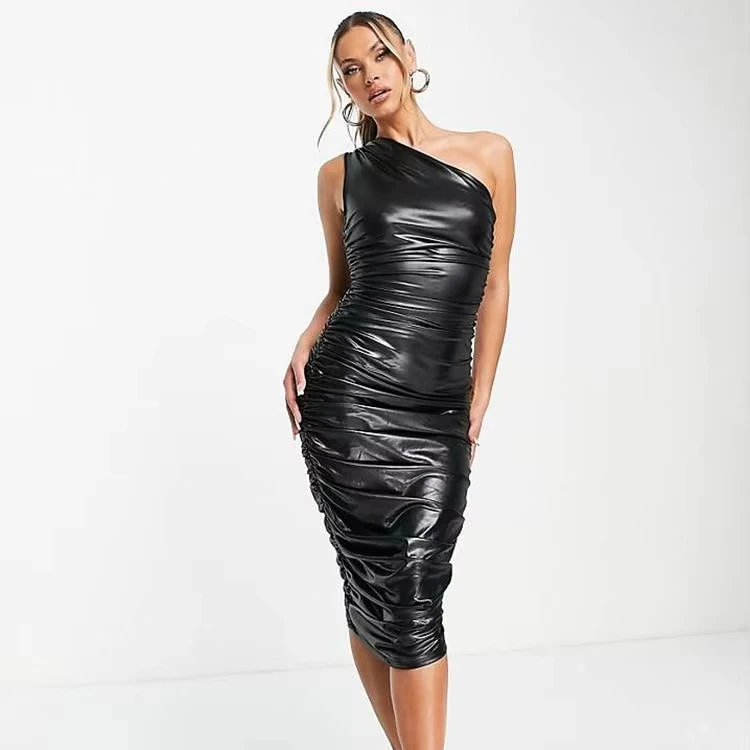 Summer Faux PU Leather One Shoulder Dress Women Sexy Bodycon Folds Midi Dress Ladies Hip Wrap Calf Length Club Dresses