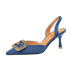 Женские туфли на высоком каблуке, замшевые сандалии с открытым носком и металлической пряжкой со стразами, 896-2