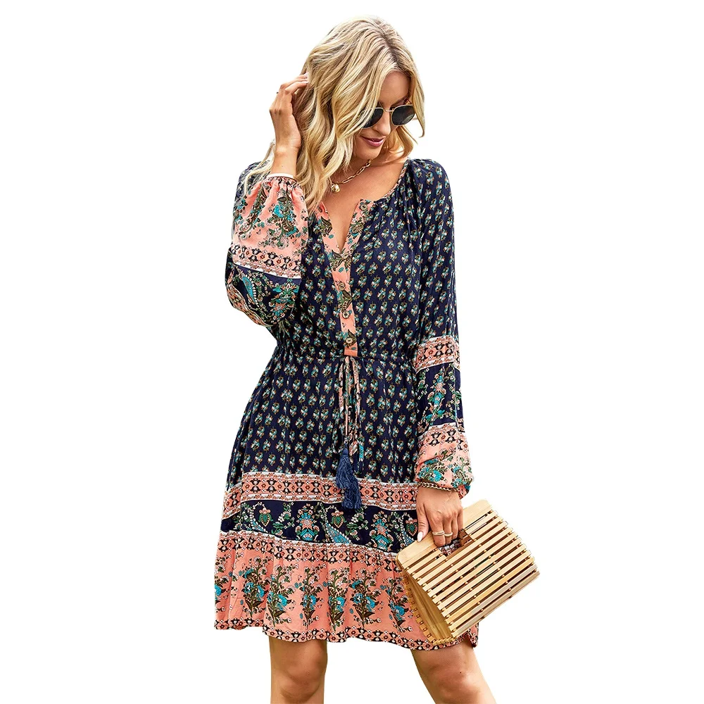 MOTE-ZC843 High Quality Women Vintage Boho Dress Casual Holiday Long Sleeve Dress Women Floral Dress for Girls