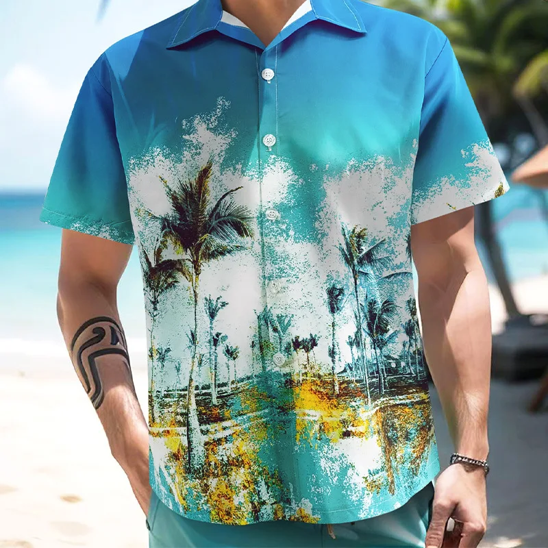 2024 Summer Streetwear High Quality Print Vacation Casual Shirts Custom 3D Logo Mens Short Sleeve Printed Hawaiian Shirt Fabric