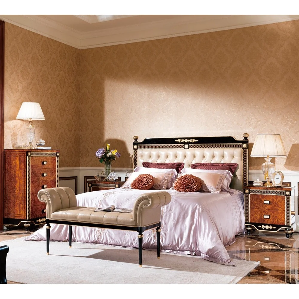 Royal luxury elegant bed fram gold leaf wood carved bedroom furniture