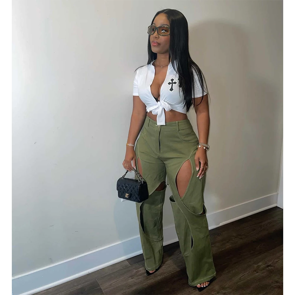 Fashion casual cut out hollow cotton high waist wide leg pants straight pants