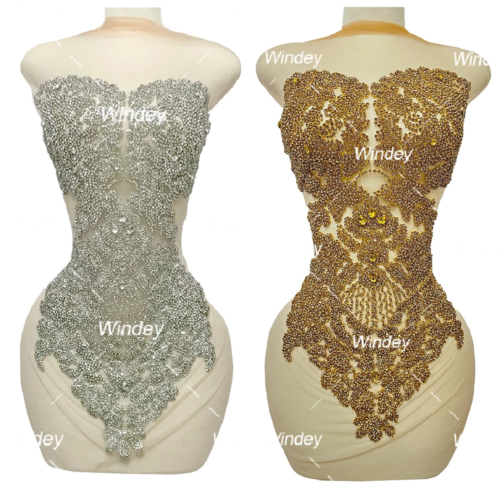 New Design Prom Dress handmade craft Silver Gold Appliques DIY Crystal Glasses Patch Bodice Rhinestone Applique