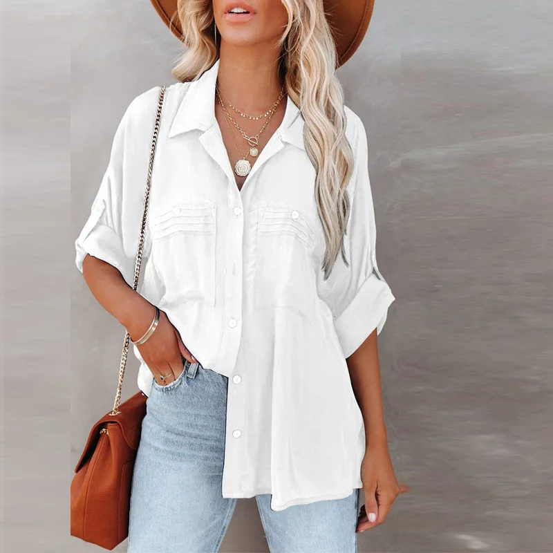 Hot Sale Casual Button Up Woman Work Shirt Solid White Long Sleeve Work Formal Shirts For Women