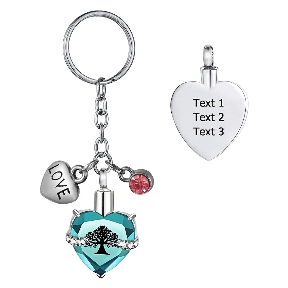 Customize Engraving Heart with Birthstone Tree Pattern Pendant Memorial Jewelry KeyChain Cremation Urn for Ashes Keepsake Gift