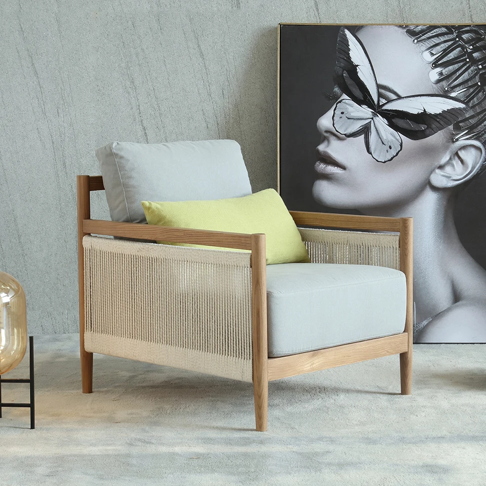 Кресло для отдыха с подлокотником из вязаной веревки и рамой из ясеня, прочная домашняя мебель из массива дерева, одноместный диван-стул