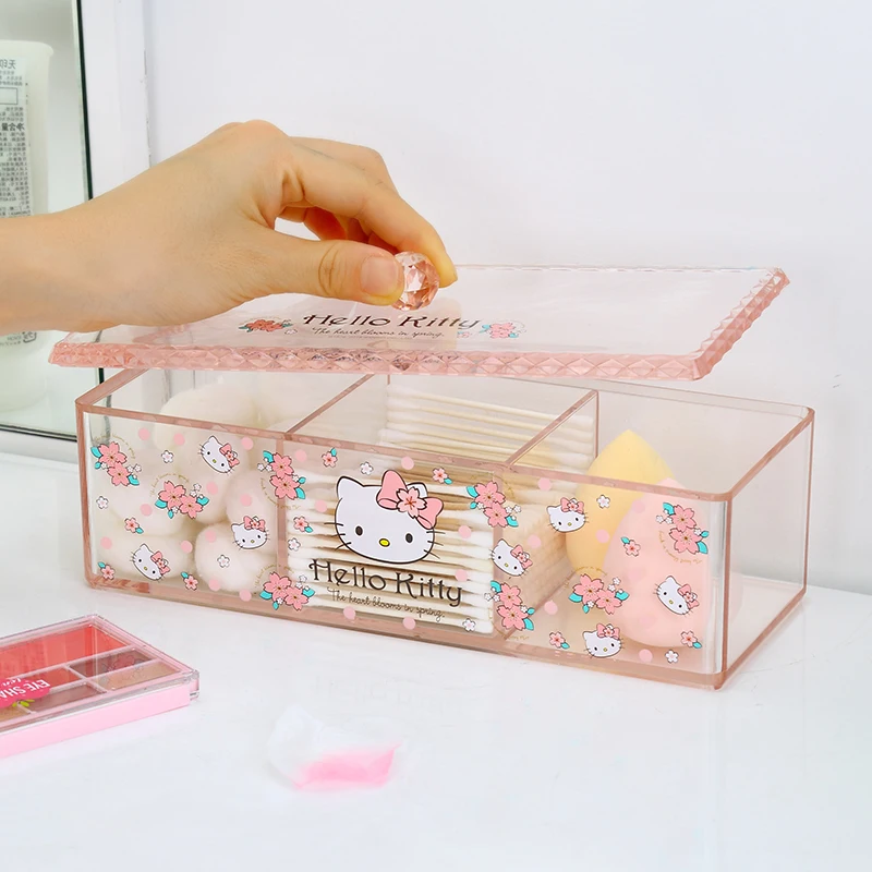 Hello Kitty PS small jewelry cosmetic storage box bath cotton swab pads box plastic makeup organizer with detachable cover