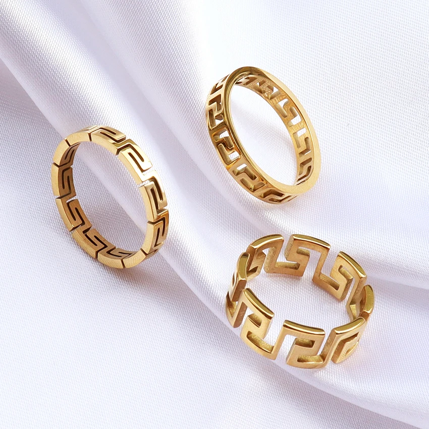 Minos Stainless Steel Jewelry Great Wall Band Rings Tarnish Free Jewelry 18K Gold Plated Simple Wide Hollow Rings for Women
