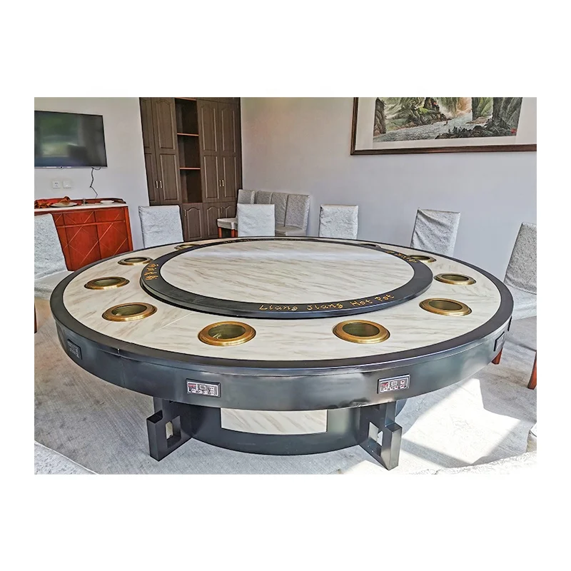 Hot Pot Table Individual Pot Smokeless White Round Shape  Marble Hotpot Table with 14 people