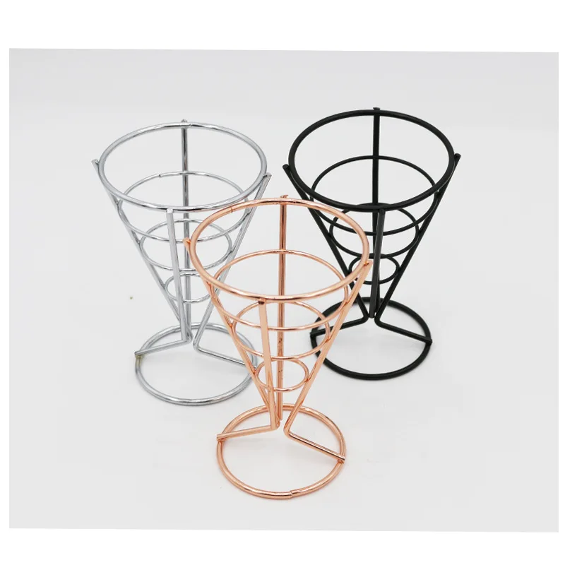 Metal Cone Snack Fried Chicken Display Rack Wire French Fries Stand Cone Basket Fry Holder with Sauce Dippers for Kitchen