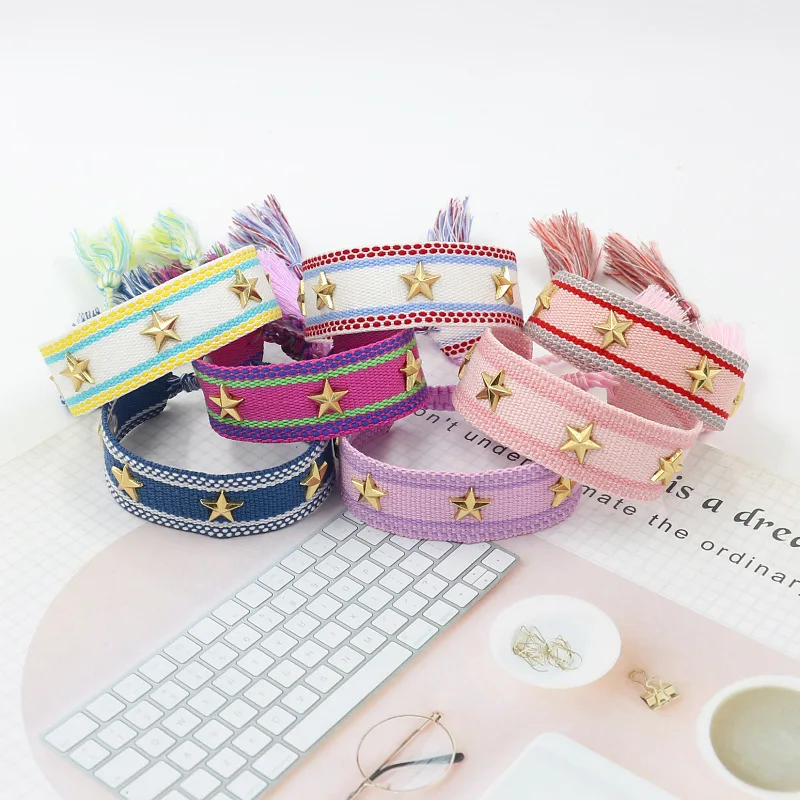 Metal star rivet ribbon woven tassel wrist strap with tassel handmade woven bracelet with texts