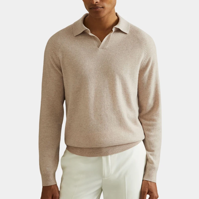 Custom knitted autumn winter jumper with embroidery logo pullover wool blend cashmere men sweater open collar polo shirt