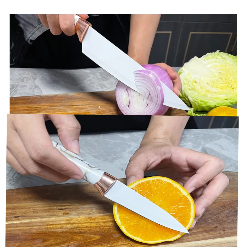 9PCS Knife Sets Marble Handle Rotating Kitchen Tool Meat Chef Bread SliceMeat Chef Bread Slice  Utility Paring Knives