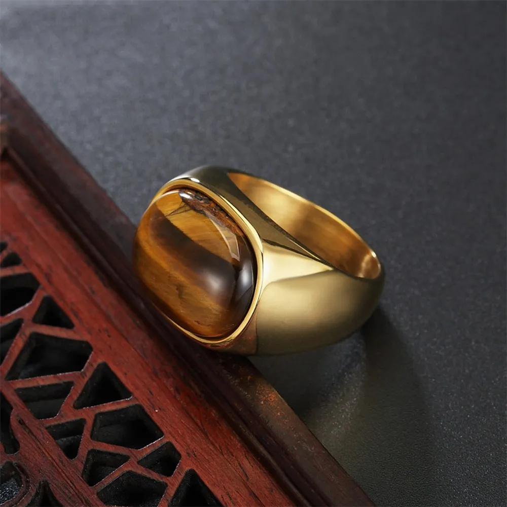 Fashion Mens Stainless Steel Gold Rings Personality Big Tiger Eye Stone Agate Rings for Men