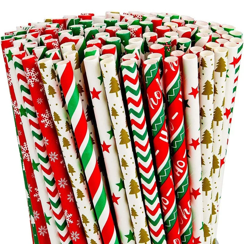 Wholesale custom printed Food Grade Disposable Colorful Striped Paper Drinking Straw Christmas Paper Straws