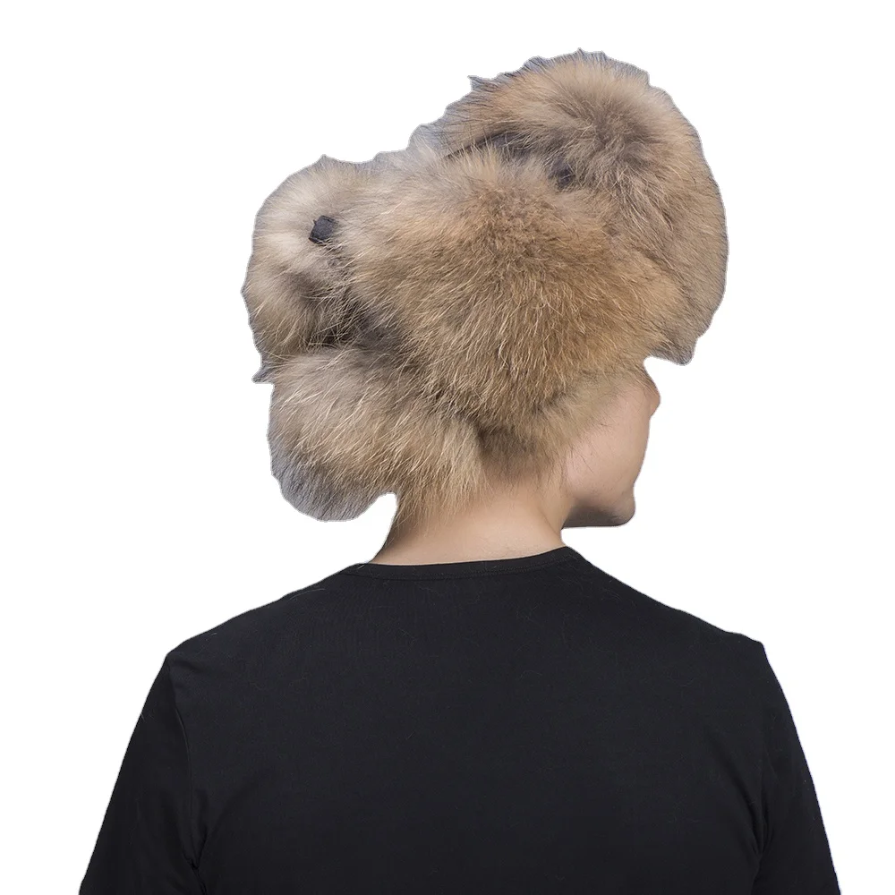MWFur Hunting Russian Raccoon Fur Hat for Men Fashion Fur Season Thick Fur Trimmed Sheep Leather Trapper Ear flap Cap