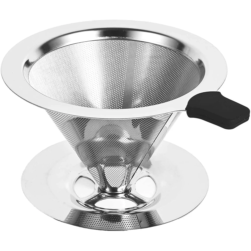 2021 New Product 304 Stainless Steel Double Layer Filter-Free Funnel with Bracket Drip V-60 Coffee Filter for Kitchen Tools