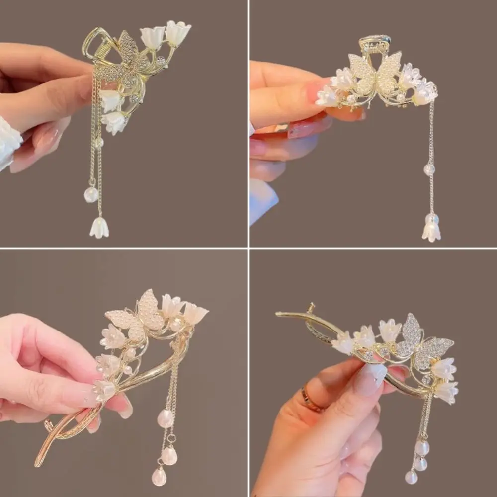 Fashion Women Lily of the Valley Flower Rhinestone Butterfly Pearl Tassel Twist Hair Claw Half -ponytail Grab Clips
