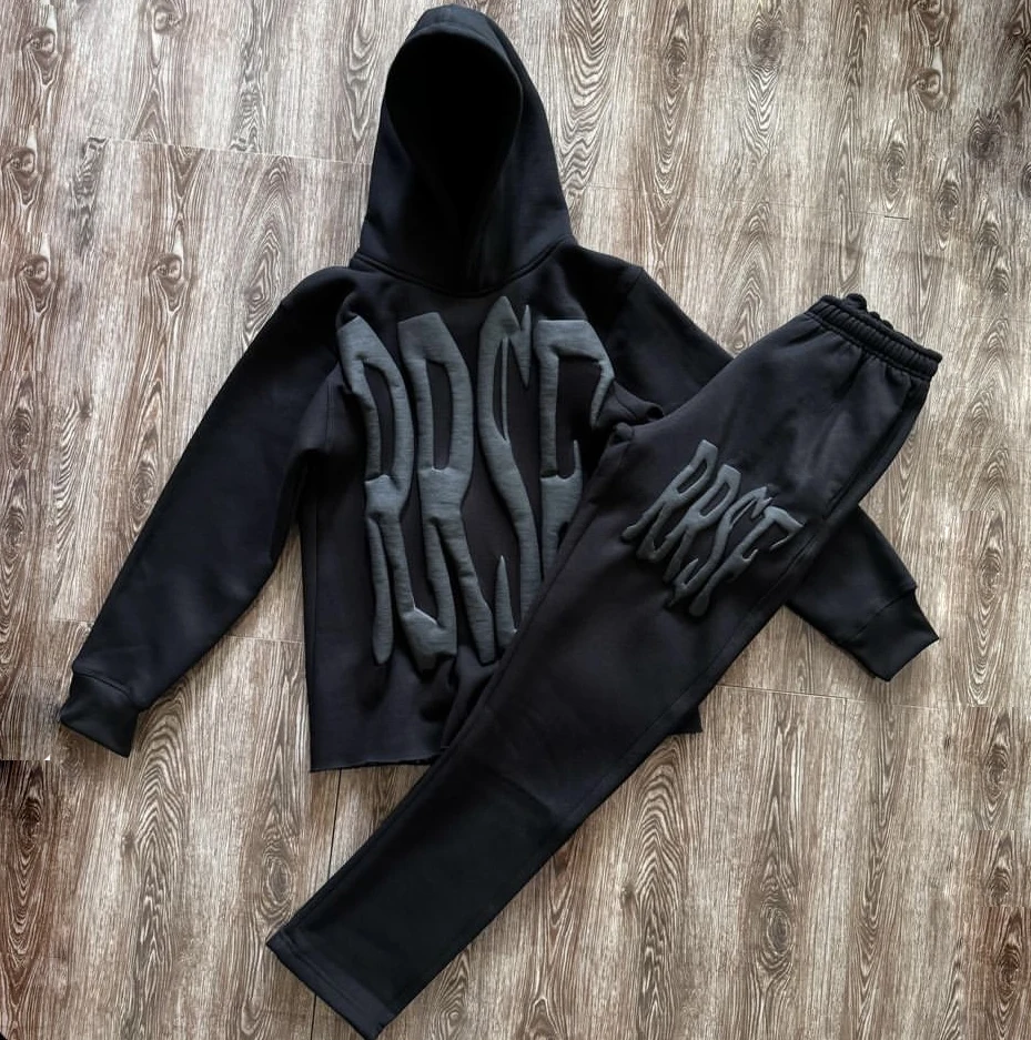 Custom Flared Tracksuit Men Streetwear Graphic 3D Puff Print Stacked Sweatsuit Raw Hem Cut Edge Hoodie Jogger Men Sweatpants Set