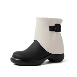 2022 Popular Back Zip Silk Calf Leather Patchwork Round Flat Women Ankle Boots Shoes