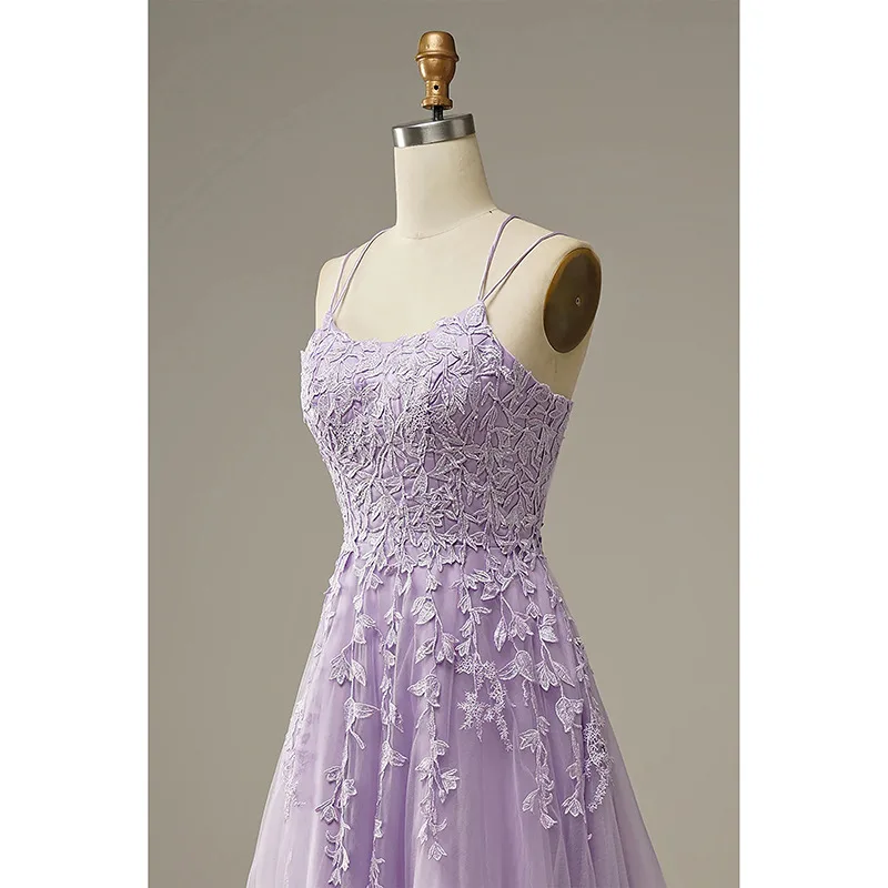Romantic Long Applique Lace A Line Cross Backless Tulle Wedding Party Dress Spaghetti Strap Lilac Bridesmaid Dress