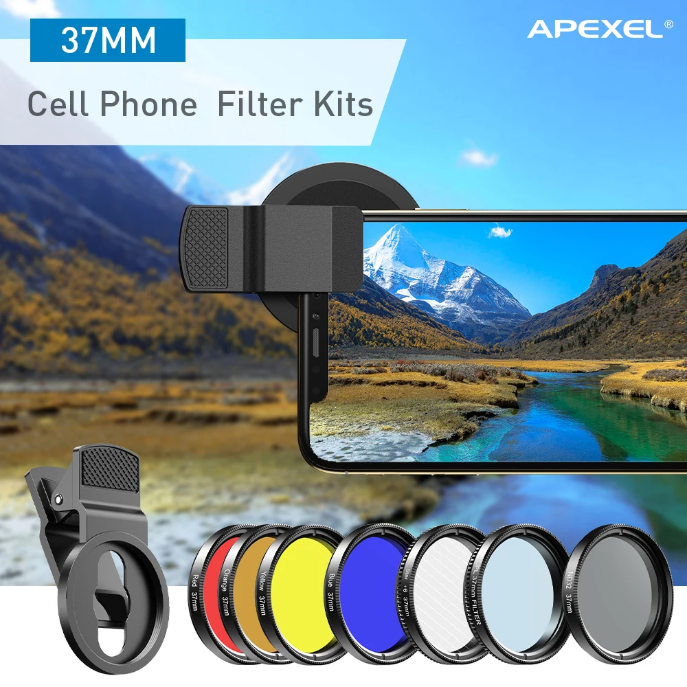 Apexel 37MM mobile phone camera lens ND32 Yellow Orange Red Blue full color filter 7 in 1 lens kit for aquarium smartphone