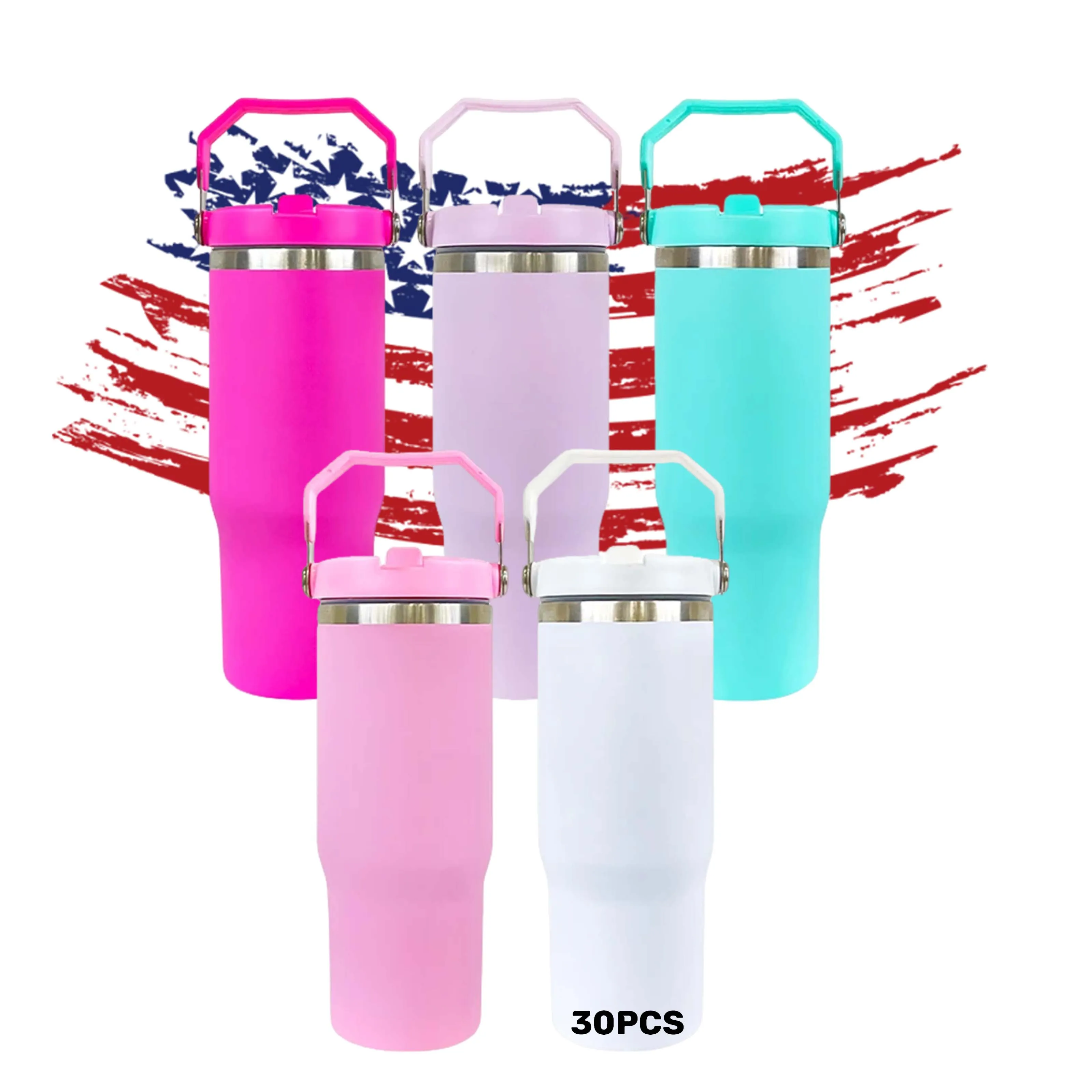 Usa 2 Days Delivery 30oz Mixed Color Thermal Custom Powder Coated Sublimation Stainless Steel Tumbler Cup with Handle and Straw