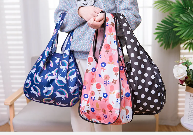 High quality portable waterproof 420D ripstop nylon foldable tote grocery polyester bag with snap reusable custom logo print
