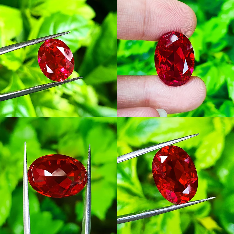 Oval shape natural cut red color synthetic ruby corundum including  minor cracks and inclusions lab created ruby loose stone