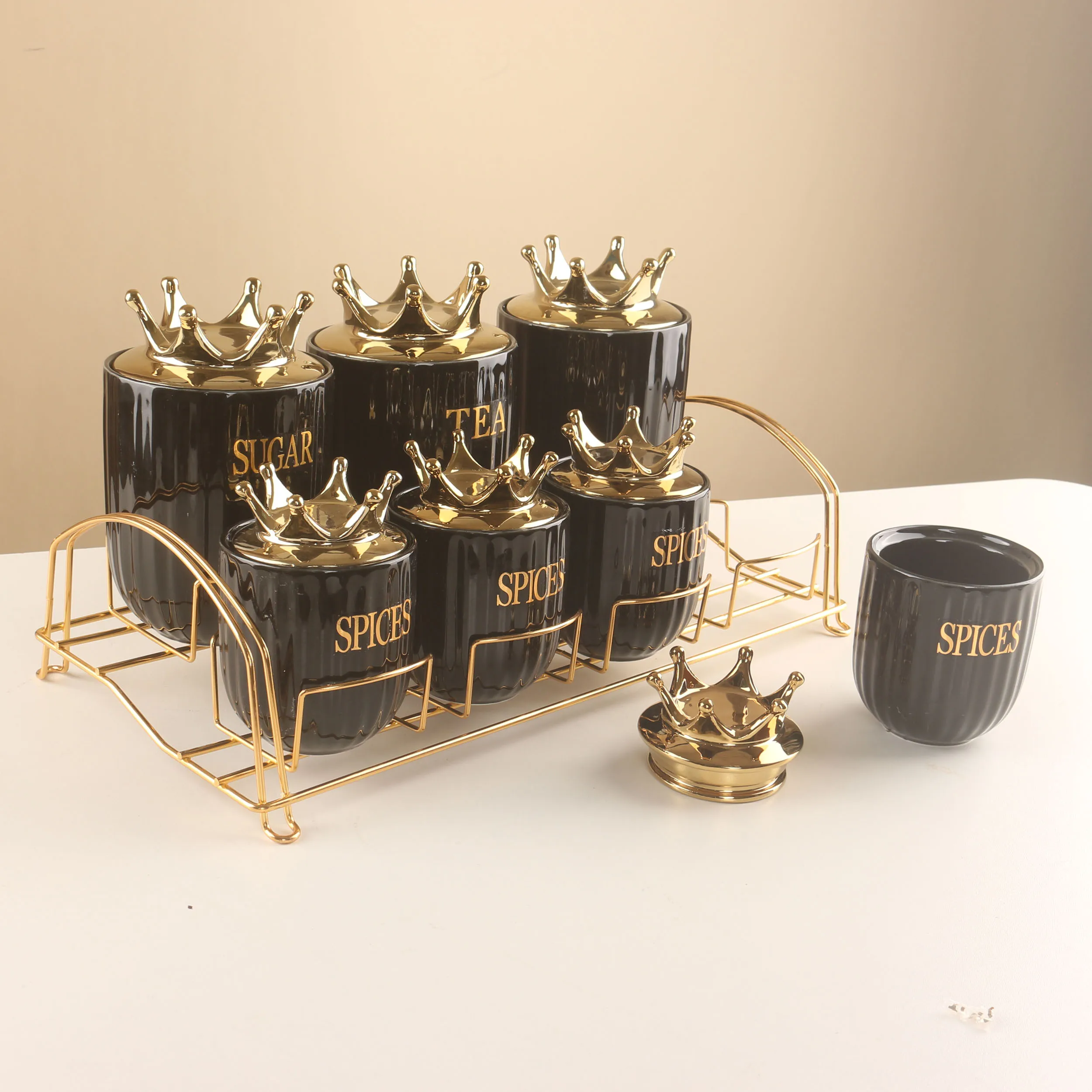 Set of 7 Color Glazed  Ceramic Kitchen Canister Sets Tea Coffee Sugar Canisters Set With Stainless Steel Rack