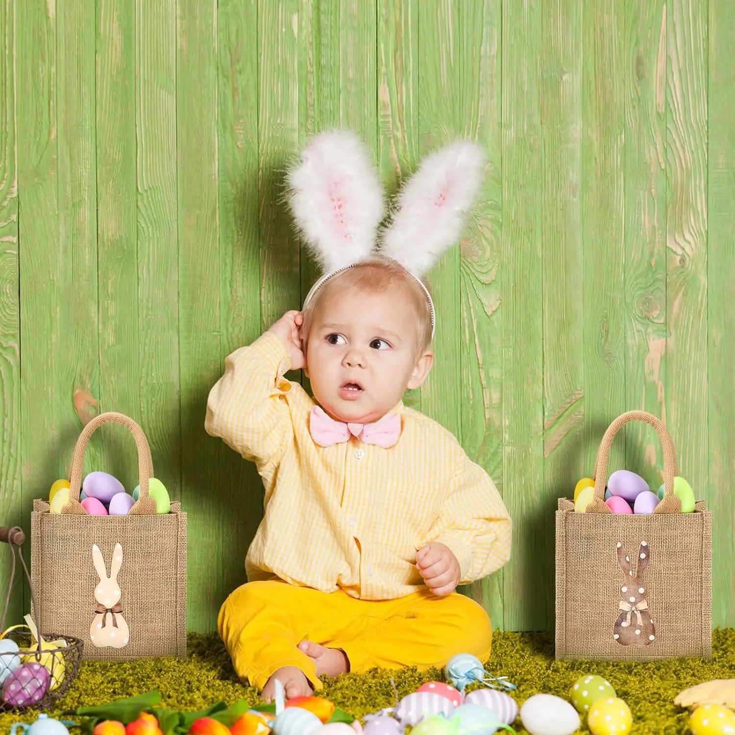Pamela Easter Burlap Bags Bunny Jute Easter Baskets Spring Egg Hunts Candy Gift Tote Bag for Easter Kids Boys Girls