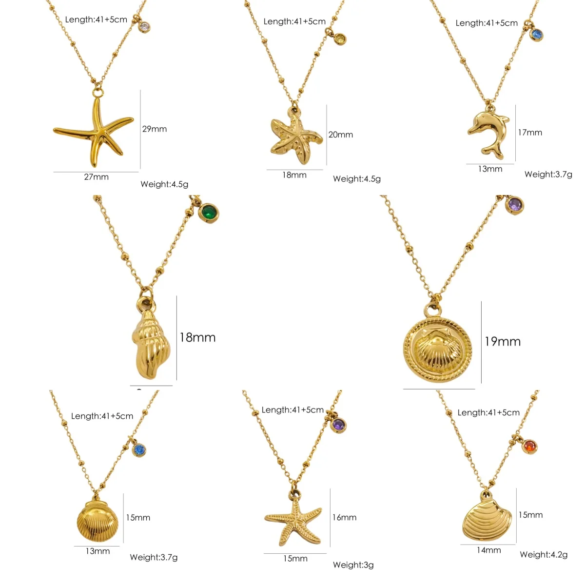 Ocean Beach Jewelry Waterproof Non Tarnish Stainless Steel Scallop Shell Dolphin 14k Gold Fashion Women Starfish Necklace