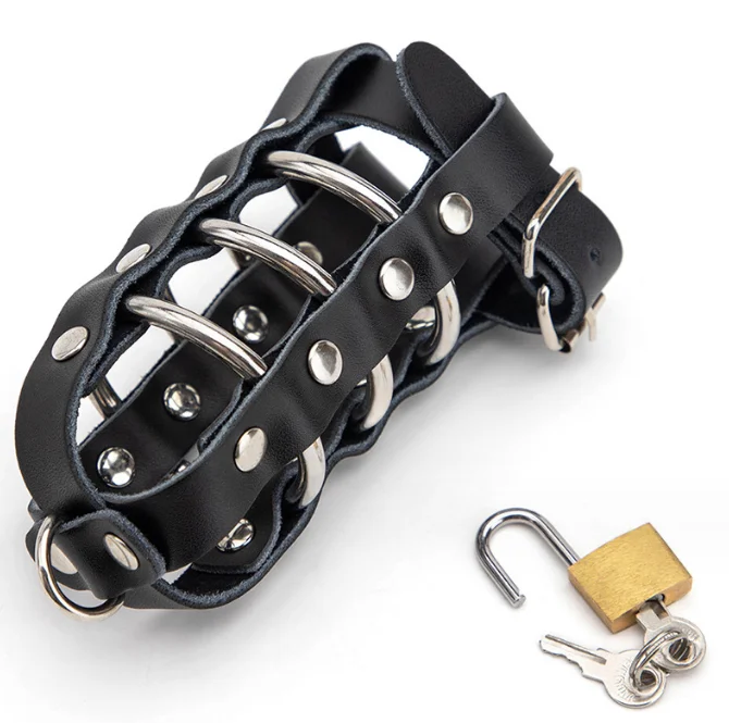 Sm Sex Product Steel Ring Penile Chastity Ring Dermis Leather Sleeve For Male With Copper Locks Bondage