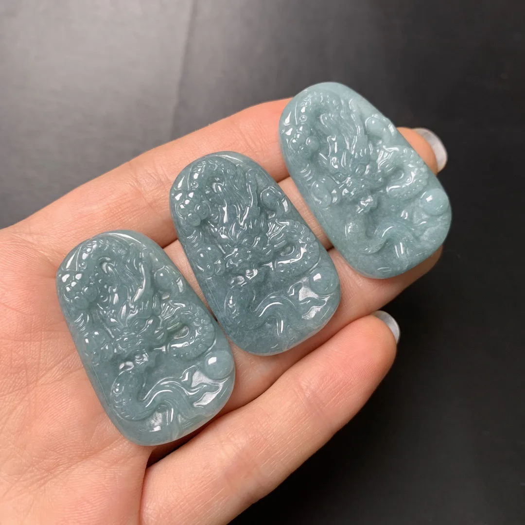 38mm Jade Dragon Pendant Natural Myanmar Blue Bruma Jade Dragon Jadeite Jewelry Making Pendant Chinese Classical