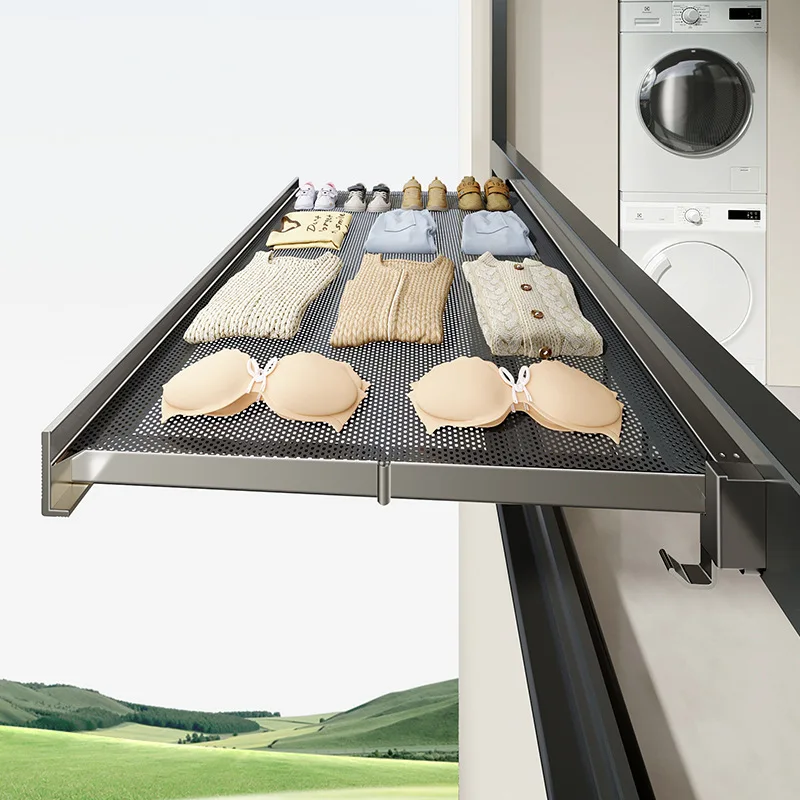 Wholesale Foldable Wall Mounted Clothes Drying Rack with Hooks Space Saving Garment Hanger Net