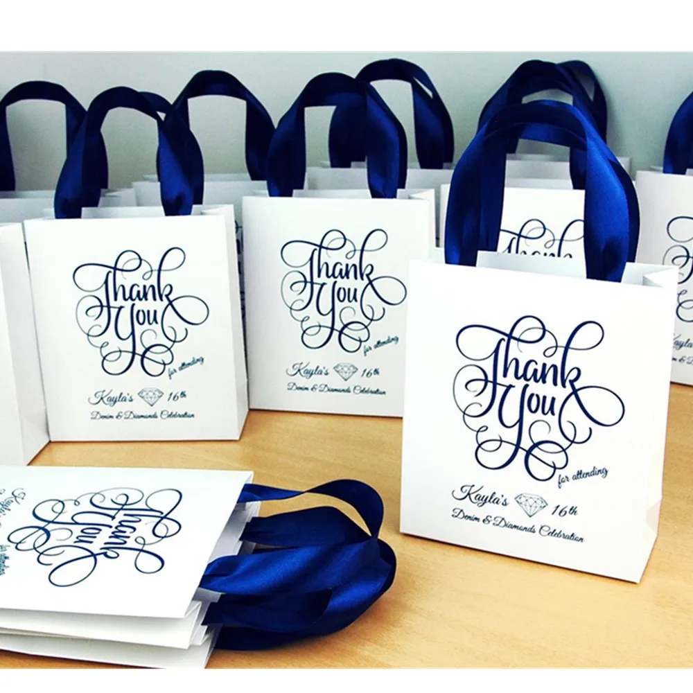 Personalized Denim & Diamonds 16th Birthday Party Favor Sweet Sixteen Treat Bags custom Thank You party bag with satin ribbon
