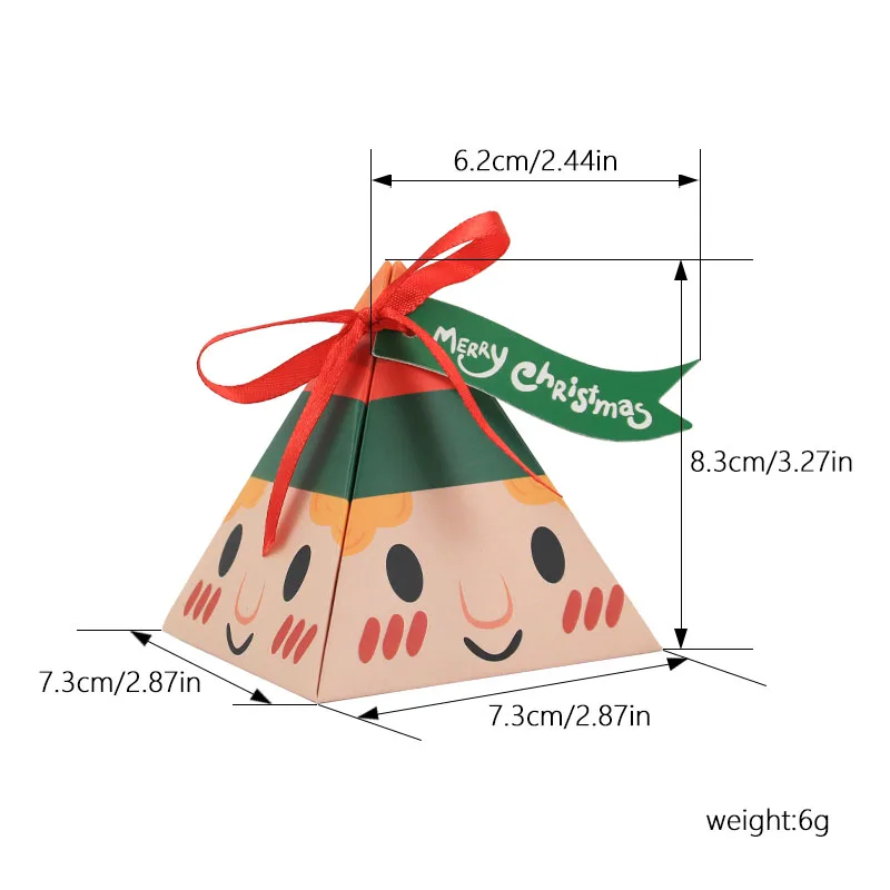 2022 new design hotly sold small Christmas triangle paper  candy  gift packing  box with tag and ribbon