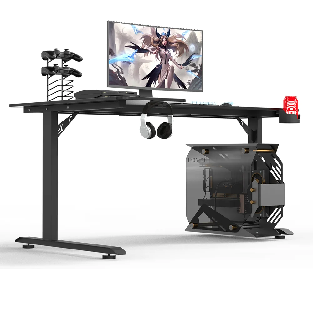 L Shaped White Color Surface Carbon Fiber Board Metal Feet Gaming Desk Left Direction