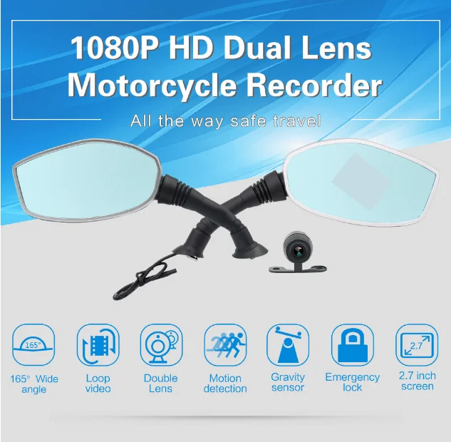 Motorcycle Mirrors With Camera 2.7inch Dual Lens Panoramic Rearview Mirror HD Mirror Rearview