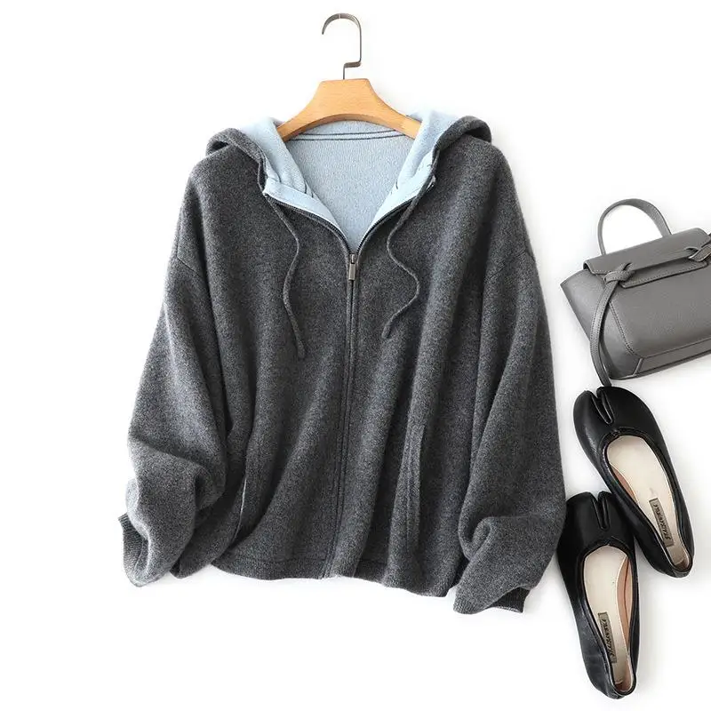 Custom cardigan women with hoodie thicken zipper cardigan 100% women cashmere hoodie