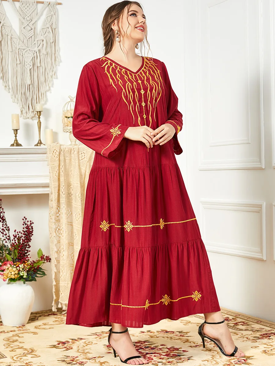 Pure Red with Gold Embroidered 2022 New Wholesale Long Abaya Women Muslim Dress Pleat Designs L-4XL Clothes Women Muslim Fashion