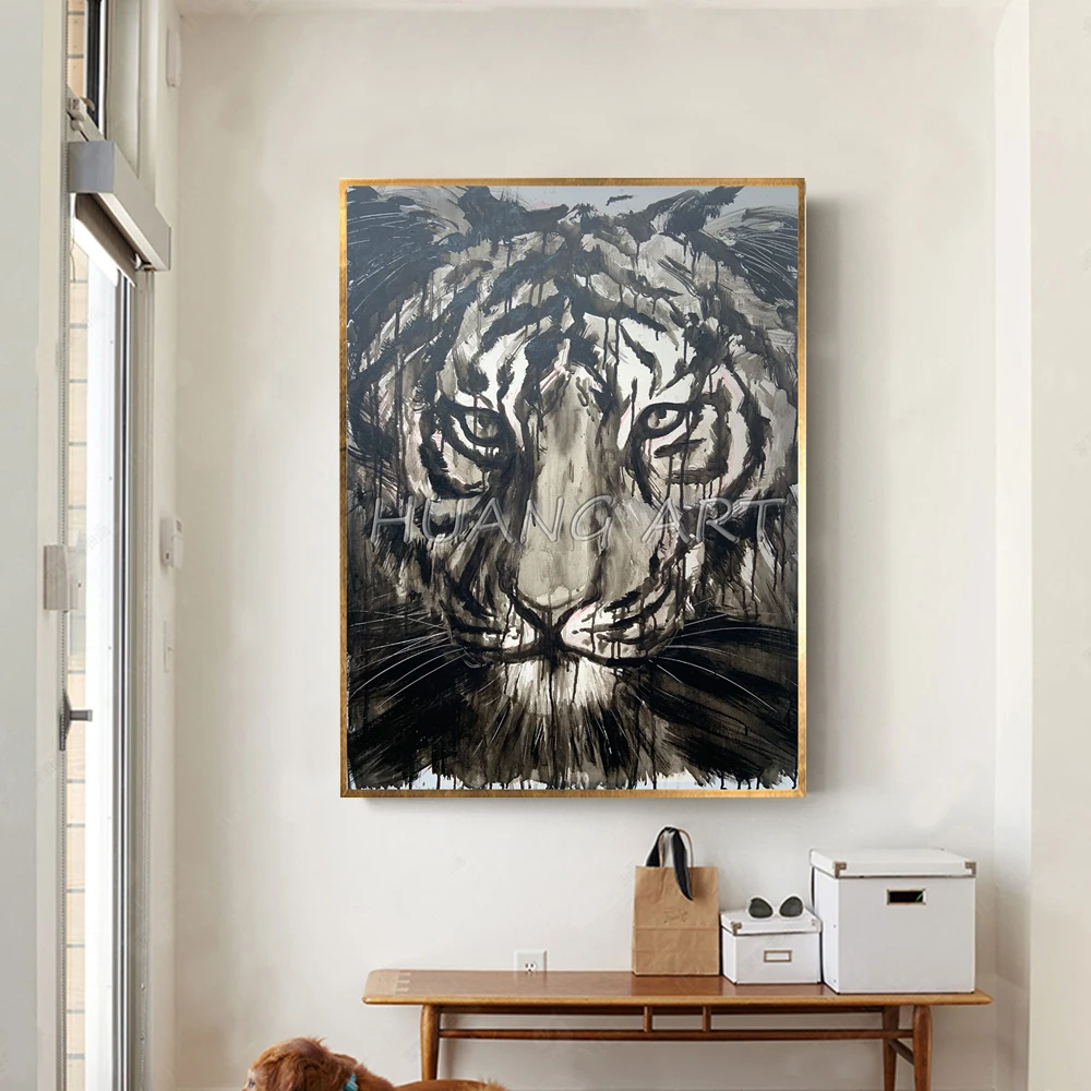 New Arrival Original Artwork Tiger Oil Painting for Room Decor Hand-painted Animal Wall Painting Black and White Tiger Painting